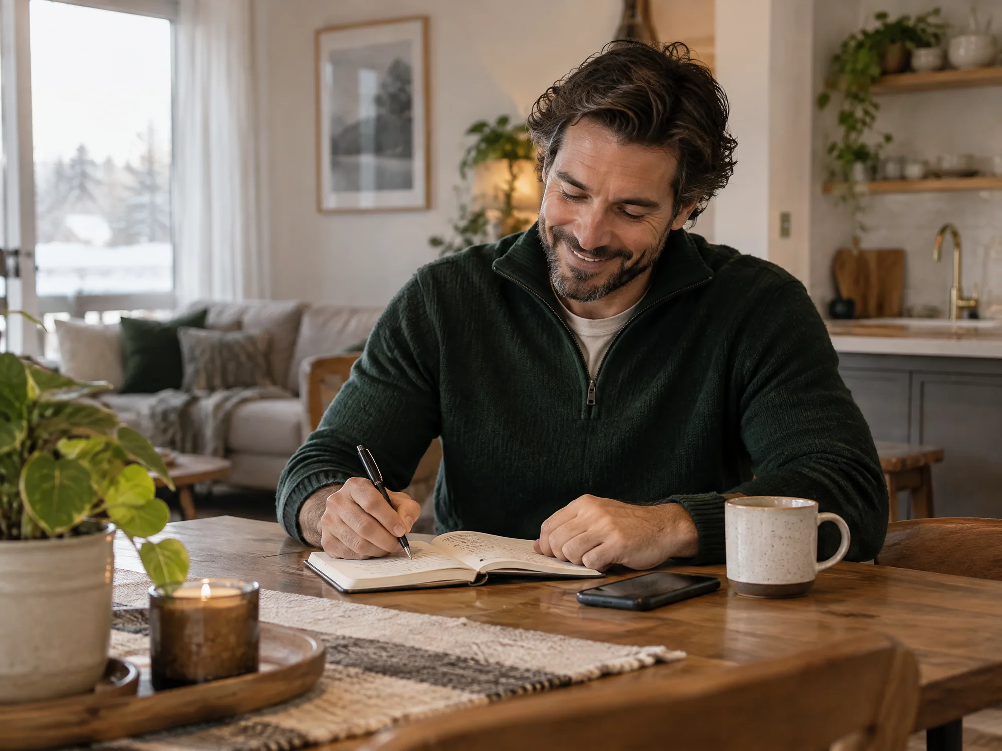 Un client planifie son rendez-vous depuis sa cuisine, calepin et téléphone à la main.