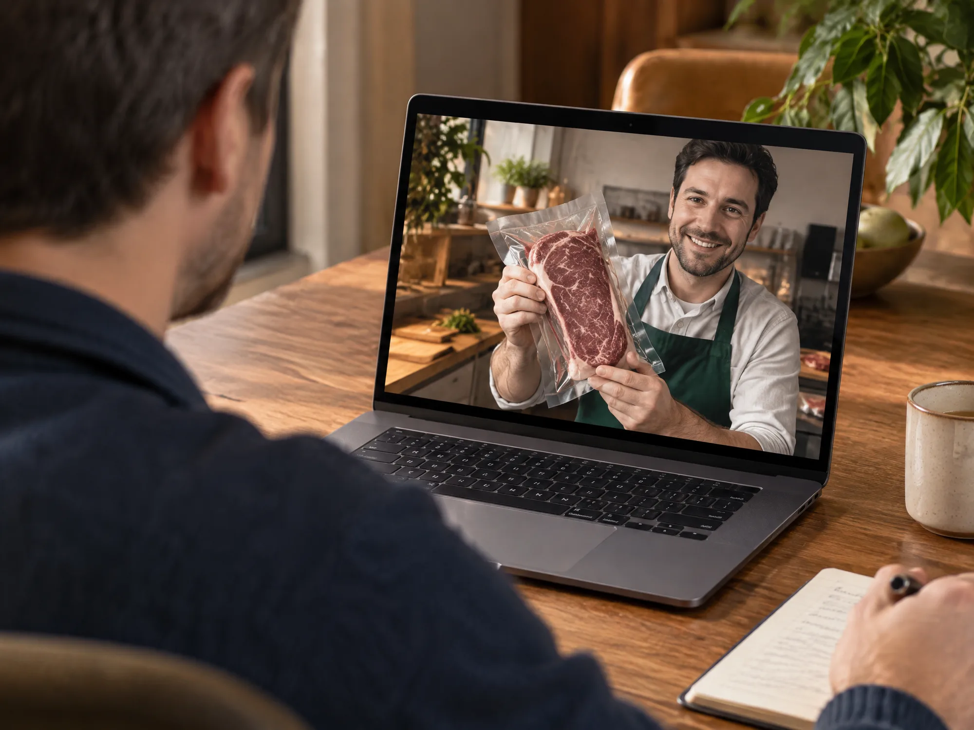 Vue par-dessus l'épaule d'un client pendant une présentation de produits en visioconférence.