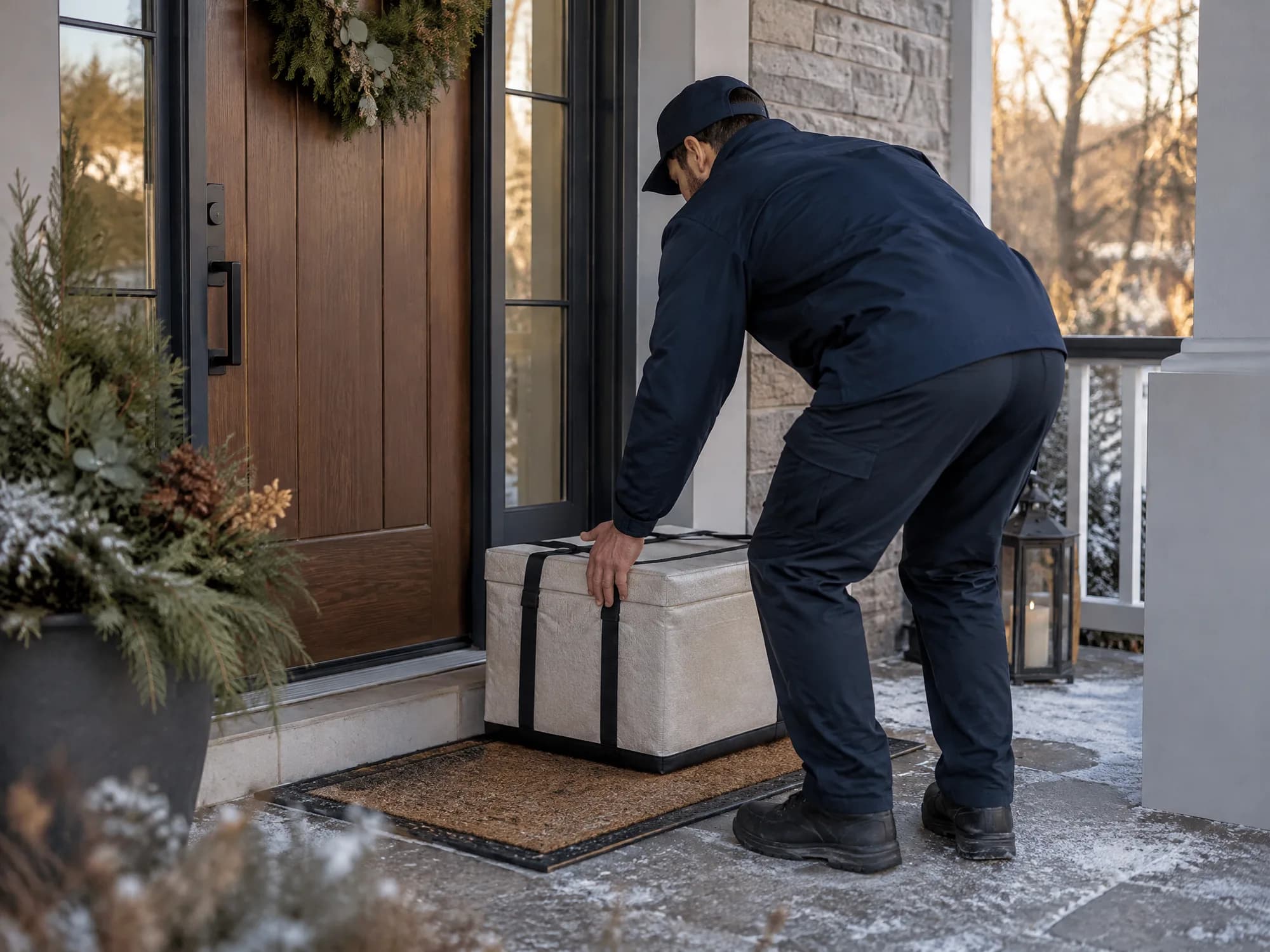 Une boîte de livraison isotherme déposée à l'entrée d'une maison québécoise.